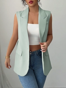 Elegant mint green sleeveless blazer vest with lapel collar and side pockets for casual wear