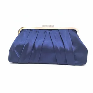 Elegant navy blue pleated satin clutch bag with shimmering rhinestone square buckle