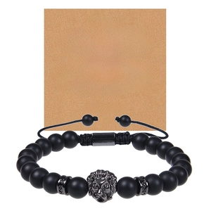 Men Beaded Bracelet Lion Head Black Matte Natural Stone Adjustable Woven Rope Gift For Son Husband Boyfriend