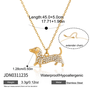 Detailed specs of stainless steel dachshund pendant necklace with sparkling zircons