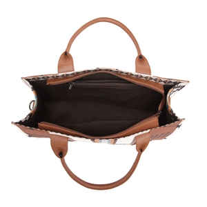 Top view of bohemian tote interior showing dark brown lining and functional pockets