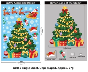 Detailed size chart for Christmas window stickers featuring Santa, reindeer, and snowflakes