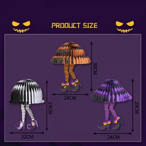 Halloween witch leg honeycomb hanging decorations set in three assorted colors with size details