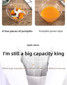 Close-up of 900ml manual food chopper showing pumpkin purée and sharp stainless steel blades