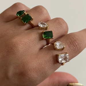 18K gold plated stainless steel rings set with emerald and pear cut green zircon stones