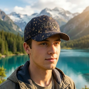 Navy baseball cap with gold splatter pattern and NY&GD embroidery shown on male model