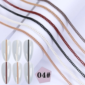 Macro detail of multi-color metal nail art chains including gold and rose gold tones