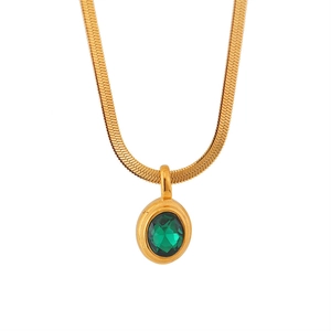 Flat snake chain necklace in gold finish with oval emerald green zircon pendant
