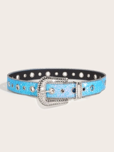 Close-up of a blue glittery Y2K belt featuring rhinestone buckles and metal eyelet details