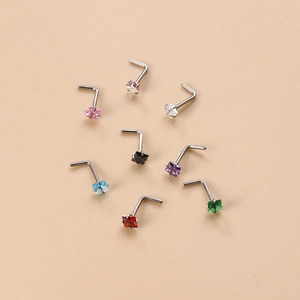 Set of 8 colorful 3mm square cubic zirconia L-shaped stainless steel nose studs
