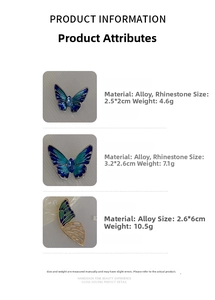 Detailed view of rhinestone butterfly brooches in blue gradient and golden hollow designs