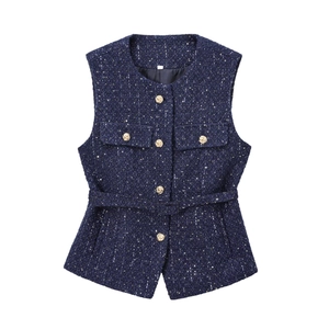 Navy blue tweed sequin vest with gold buttons and belt, elegant textured flat lay view