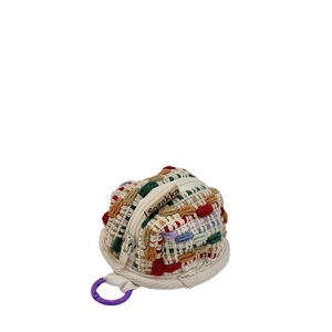 Handmade woven mini headphone case with colorful embroidery dots and purple hook