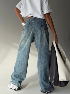 Vintage washed wide leg denim jeans with button detail shown from a rear perspective