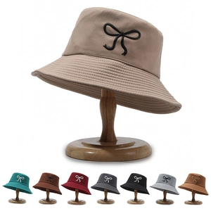 Women Cotton Bucket Hat With Bow Embroidery Sun Protection Outdoor Travel Casual Sun Hat For Ladies Adjustable