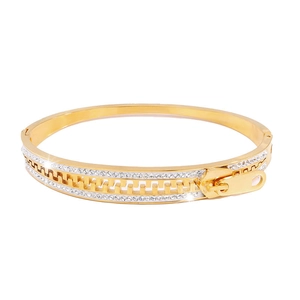 Elegant gold titanium steel zipper bracelet with pavé rhinestones for women