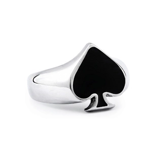 Polished stainless steel ring with a black spade symbol in a 45-degree angle view