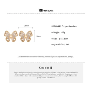Detailed size specifications for gold butterfly earrings with zircons and silver needles