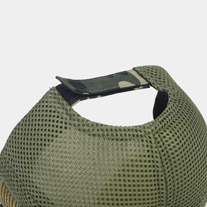 Detail of army green breathable mesh cap with camo adjustable strap and corduroy fabric