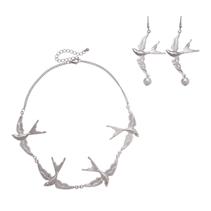 Silbernes Schwalben-Anhänger-Halsketten- und Perlenohrring-Set in minimalistischer Optik