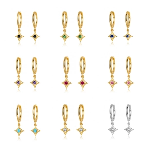 Fashion Copper Star Dangle Earrings With 925 Sterling Silver Earring Post Colorful Zirconia Inlaid Evil Eye Hoop Earrings