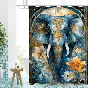 Detail view of artistic elephant shower curtain with lotus patterns and golden starry accents