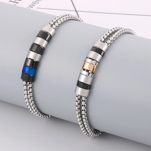 Mens stainless steel double chain pearl bracelet with multicolor modular cylinder accents