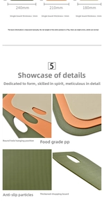 Detailed view of non-slip PP cutting board set with hanging holes and size specs