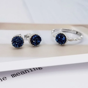Minimalist S925 sterling silver jewelry set with blue druzy stone stud earrings and open ring