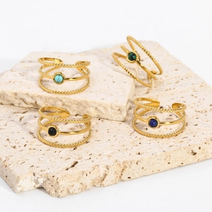 Retro 18K gold plated stainless steel multi-layer rings with colorful natural stones