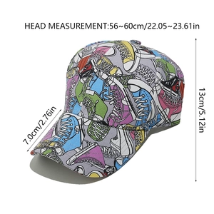 Graffiti baseball cap with shoe pattern and detailed size labels 56-60cm for adults
