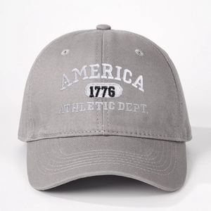Detail of grey cotton baseball cap with white America Athletic Dept embroidery