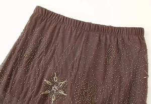 Détails de broderie de sequins dorés et perles sur la taille en tulle marron du pantalon