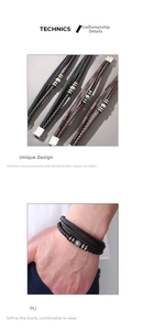 Close-up of multilayer braided PU leather bracelet with metal magnetic clasp and beads