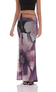 Detail of purple floral mesh maxi skirt featuring a waist drawstring and double layer fabric