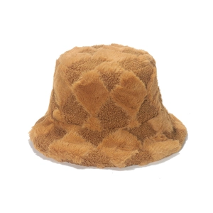 Winter plush bucket hat with geometric diamond pattern in warm camel faux fur material