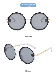 Detailed front and side view of round petal kids sunglasses with white frames and gold arms