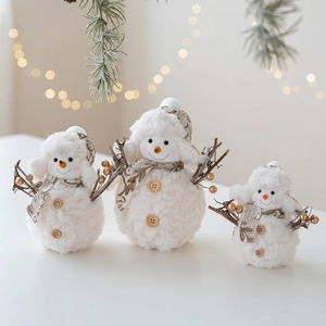 Christmas Snowman Plush Doll Ornament Knitted Hat Scarf Wooden Buttons Golden Berries Winter Desktop Decor Gift