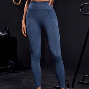 Pantalon de yoga sans couture taille haute bleu brume avec motifs rayés pour le fitness et sport
