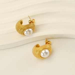 Boucles d'oreilles en acier inoxydable doré 18 carats avec perles et design torsadé