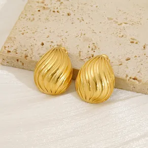 Water Drop Stud Earrings 18K Gold Plated Stainless Steel Spiral Texture Geometric Vintage Fashion For Women