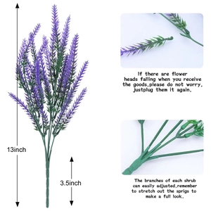 Detail view of 13 inch purple artificial lavender with adjustable stems and dimensions