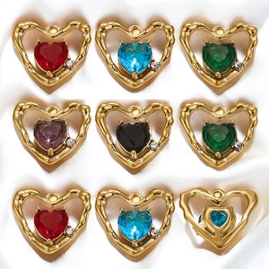Heart Charm Pendant Stainless Steel Gold Plated Hollow Zircon Gemstone For DIY Jewelry Making Necklaces Earrings