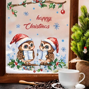 Christmas Cartoon Owls Branches Static Cling Window Sticker PVC Removable Happy Christmas Wall Decal Holiday Decor For Glass Window Mirror Door