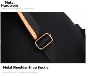 Detailed close-up of golden metal buckle on black nylon strap with brown leather piping