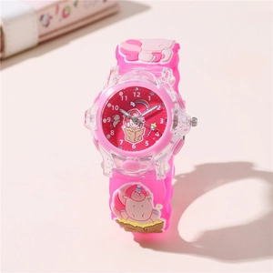 Detail of pink silicone strap with 3D unicorn shape and clear plastic case for kids watch