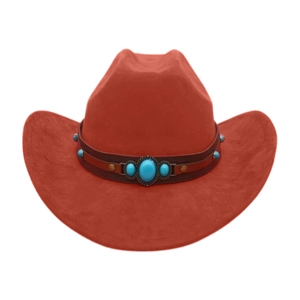 Detail of red cowboy hat with leather band, turquoise gems and bronze rivets