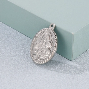Vintage silver Virgin Mary oval pendant necklace made of stainless steel with embossed art