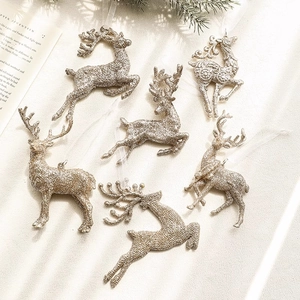 Christmas Reindeer Ornaments Plastic Glitter Elk Pendants With Ribbon Holiday Tree Decorations Elegant Luxury Home