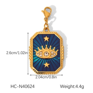 Detailed view of an octagonal gold evil eye pendant with size and weight measurements